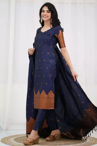 Blue jacquard weaving kanchi cotton straight kurta dupatta set