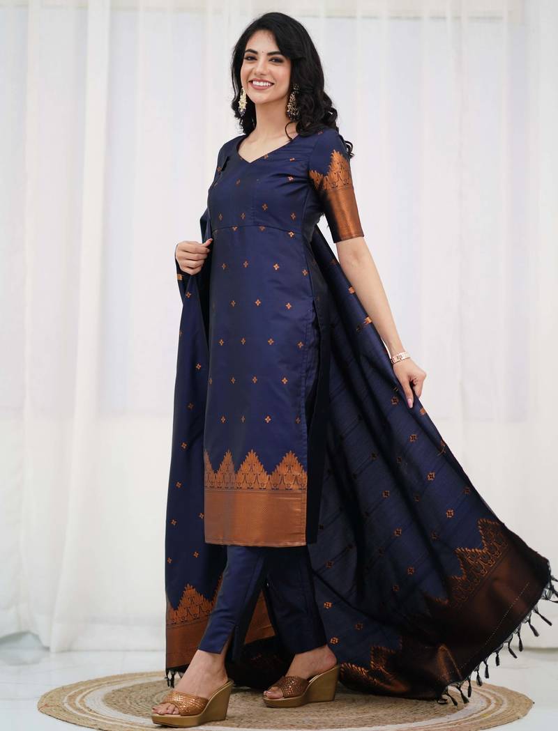 Blue jacquard weaving kanchi cotton straight kurta dupatta set