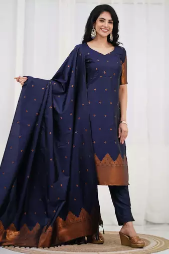 Blue jacquard weaving kanchi cotton straight kurta dupatta set