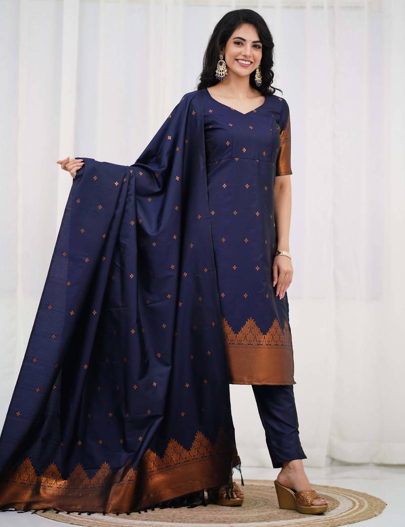 Blue jacquard weaving kanchi cotton straight kurta dupatta set