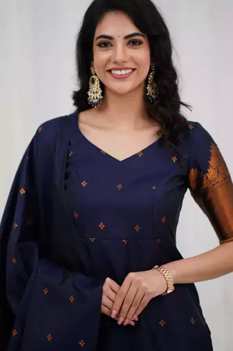 Blue jacquard weaving kanchi cotton straight kurta dupatta set
