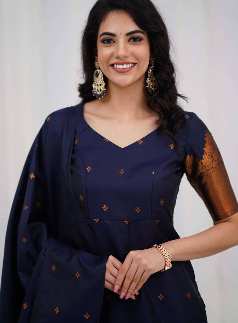 Blue jacquard weaving kanchi cotton straight kurta dupatta set