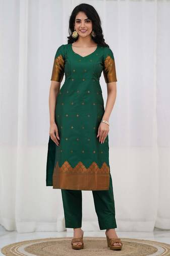 Green jacquard weaving kanchi cotton straight kurta dupatta set