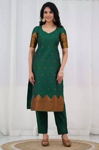 Green jacquard weaving kanchi cotton straight kurta dupatta set