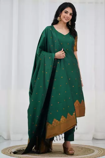 Green jacquard weaving kanchi cotton straight kurta dupatta set
