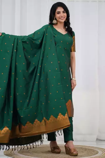 Green jacquard weaving kanchi cotton straight kurta dupatta set