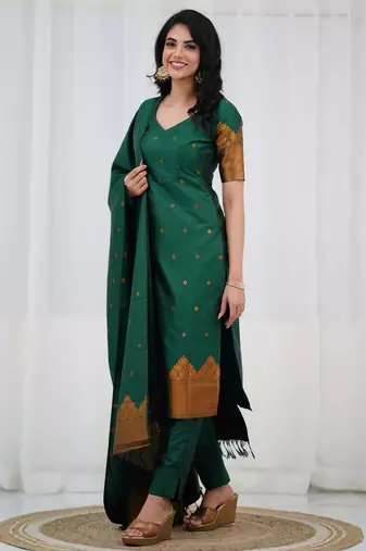 Green jacquard weaving kanchi cotton straight kurta dupatta set