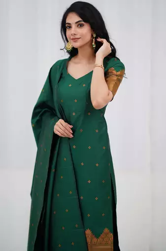 Green jacquard weaving kanchi cotton straight kurta dupatta set