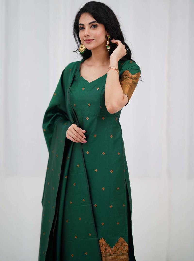 Green jacquard weaving kanchi cotton straight kurta dupatta set