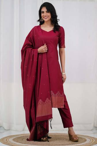 Maroon jacquard weaving kanchi cotton straight kurta dupatta set