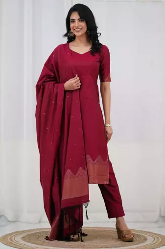 Maroon jacquard weaving kanchi cotton straight kurta dupatta set