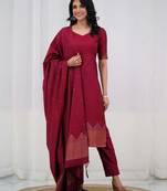 Maroon jacquard weaving kanchi cotton straight kurta dupatta set
