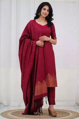 Maroon jacquard weaving kanchi cotton straight kurta dupatta set