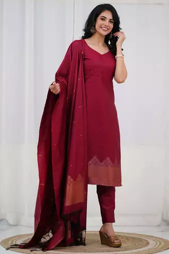 Maroon jacquard weaving kanchi cotton straight kurta dupatta set