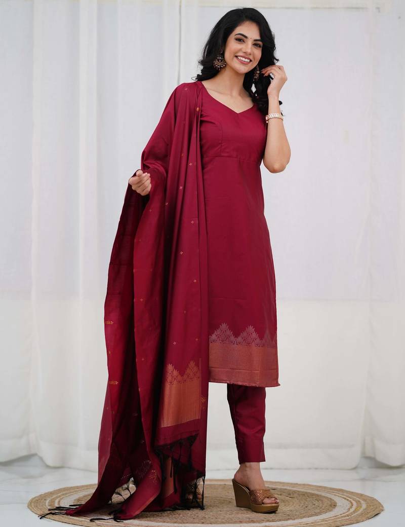 Maroon jacquard weaving kanchi cotton straight kurta dupatta set