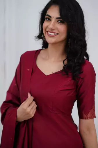 Maroon jacquard weaving kanchi cotton straight kurta dupatta set