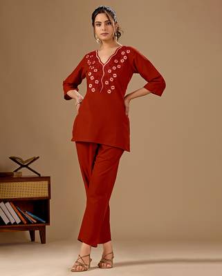 Women's rust cotton flex embroidered co-ord set | floral embroidered kurti with pant | casual, office & daily wear 1