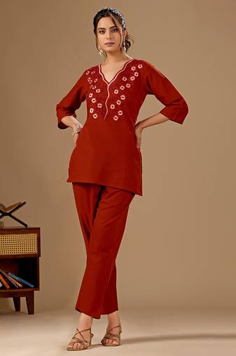 Women's rust cotton flex embroidered co-ord set | floral embroidered kurti with pant | casual, office & daily wear