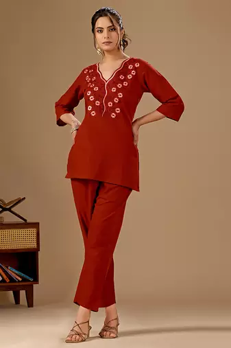 Women's rust cotton flex embroidered co-ord set | floral embroidered kurti with pant | casual, office & daily wear