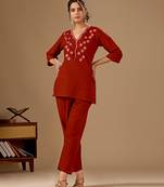 Women's rust cotton flex embroidered co-ord set | floral embroidered kurti with pant | casual, office & daily wear