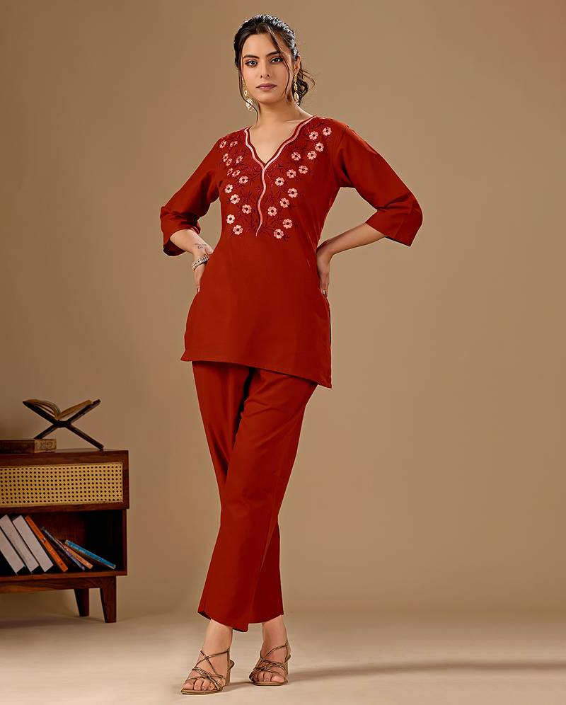 Women's rust cotton flex embroidered co-ord set | floral embroidered kurti with pant | casual, office & daily wear