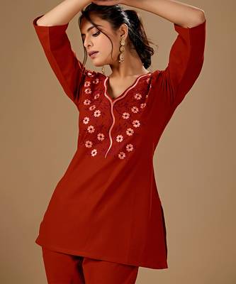 Women's rust cotton flex embroidered co-ord set | floral embroidered kurti with pant | casual, office & daily wear 2