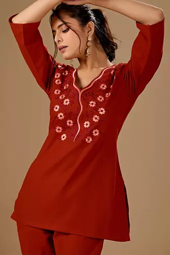 Women's rust cotton flex embroidered co-ord set | floral embroidered kurti with pant | casual, office & daily wear