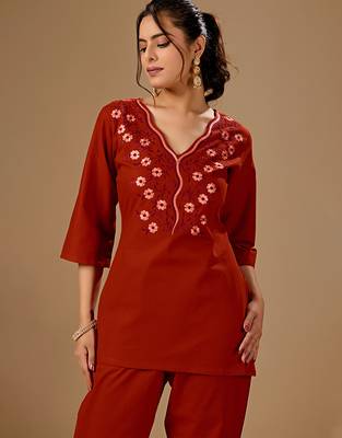 Women's rust cotton flex embroidered co-ord set | floral embroidered kurti with pant | casual, office & daily wear 3