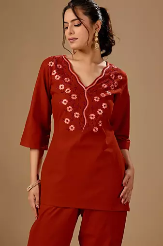 Women's rust cotton flex embroidered co-ord set | floral embroidered kurti with pant | casual, office & daily wear