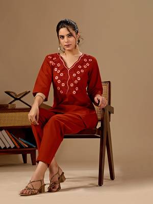 Women's rust cotton flex embroidered co-ord set | floral embroidered kurti with pant | casual, office & daily wear 4
