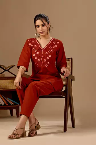 Women's rust cotton flex embroidered co-ord set | floral embroidered kurti with pant | casual, office & daily wear