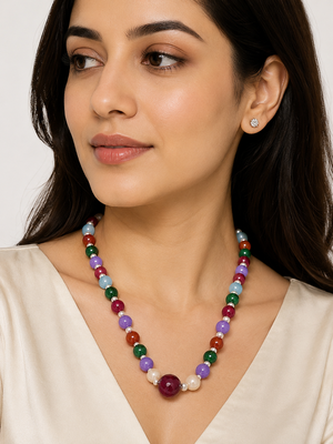 Multicolour pearls and beads maala necklace, faceted stone beads with pearl accents, gold-tone clasp 1