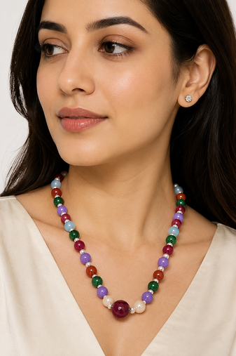 Multicolour pearls and beads maala necklace, faceted stone beads with pearl accents, gold-tone clasp