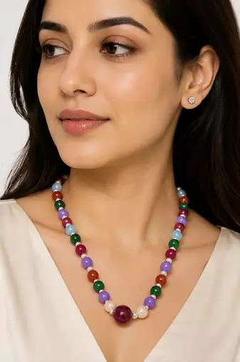 Multicolour pearls and beads maala necklace, faceted stone beads with pearl accents, gold-tone clasp