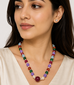 Multicolour pearls and beads maala necklace, faceted stone beads with pearl accents, gold-tone clasp
