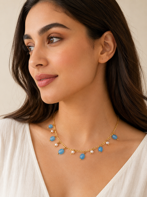 Pearl and blue bead charm necklace, gold-tone chain, dangling drops, women's fashion jewellery 1