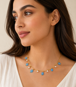Pearl and blue bead charm necklace, gold-tone chain, dangling drops, women's fashion jewellery