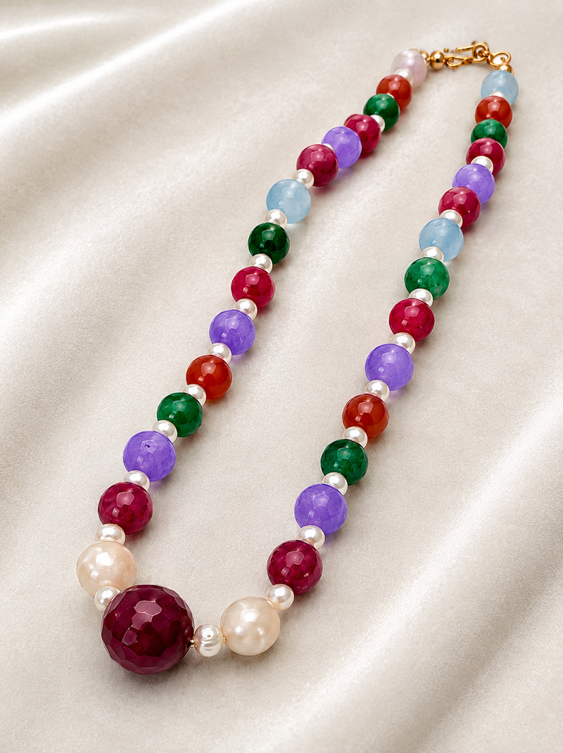 Multicolour pearls and beads maala necklace, faceted stone beads with pearl accents, gold-tone clasp