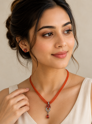 Red beads maala set with flower pendant, multi-strand necklace with matching stud earrings 1