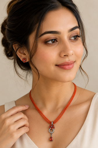 Red beads maala set with flower pendant, multi-strand necklace with matching stud earrings