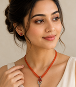 Red beads maala set with flower pendant, multi-strand necklace with matching stud earrings