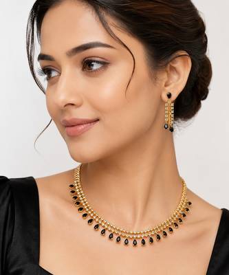 Ad necklace set with earrings, gold-toned, black teardrop stone, american diamond jewellery set 1