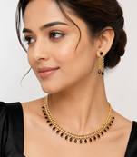 Ad necklace set with earrings, gold-toned, black teardrop stone, american diamond jewellery set