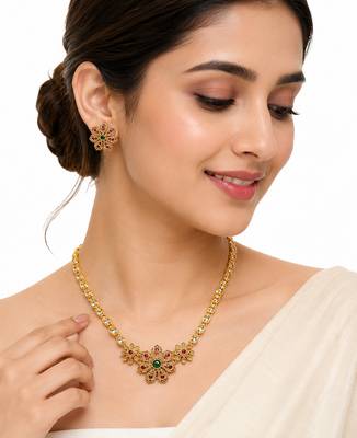 Ad necklace set with earrings, gold-toned, floral design, multi-colour stones, traditional indian jewellery 1