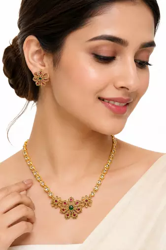 Ad necklace set with earrings, gold-toned, floral design, multi-colour stones, traditional indian jewellery