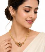 Ad necklace set with earrings, gold-toned, floral design, multi-colour stones, traditional indian jewellery