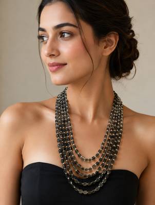 Multi-layer grey beads maala necklace, oval beads with white spacers, 22 inches 1