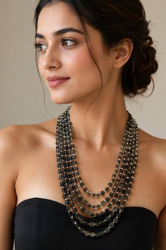 Multi-layer grey beads maala necklace, oval beads with white spacers, 22 inches