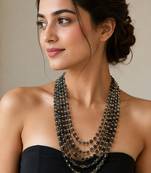Multi-layer grey beads maala necklace, oval beads with white spacers, 22 inches