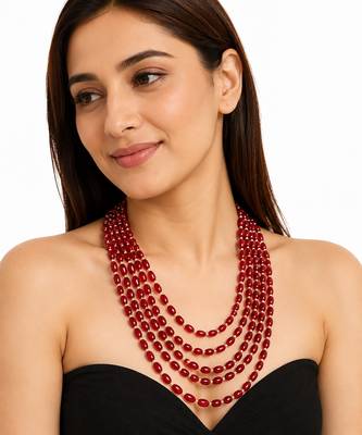 Red oval beads maala, multi-layer strand necklace, 22 inches, traditional indian style 1
